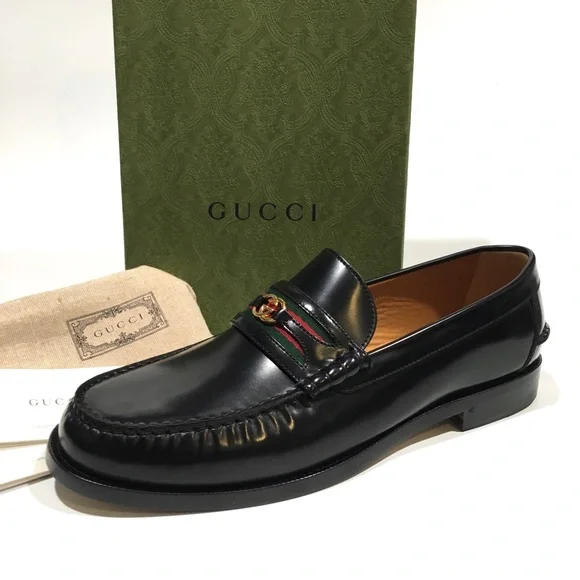 GUCCI INTERLOCKING G WEB LOAFER MOCCASIN -BLACK LEATHER -US 12.5 -NEW - Picture 2 of 10